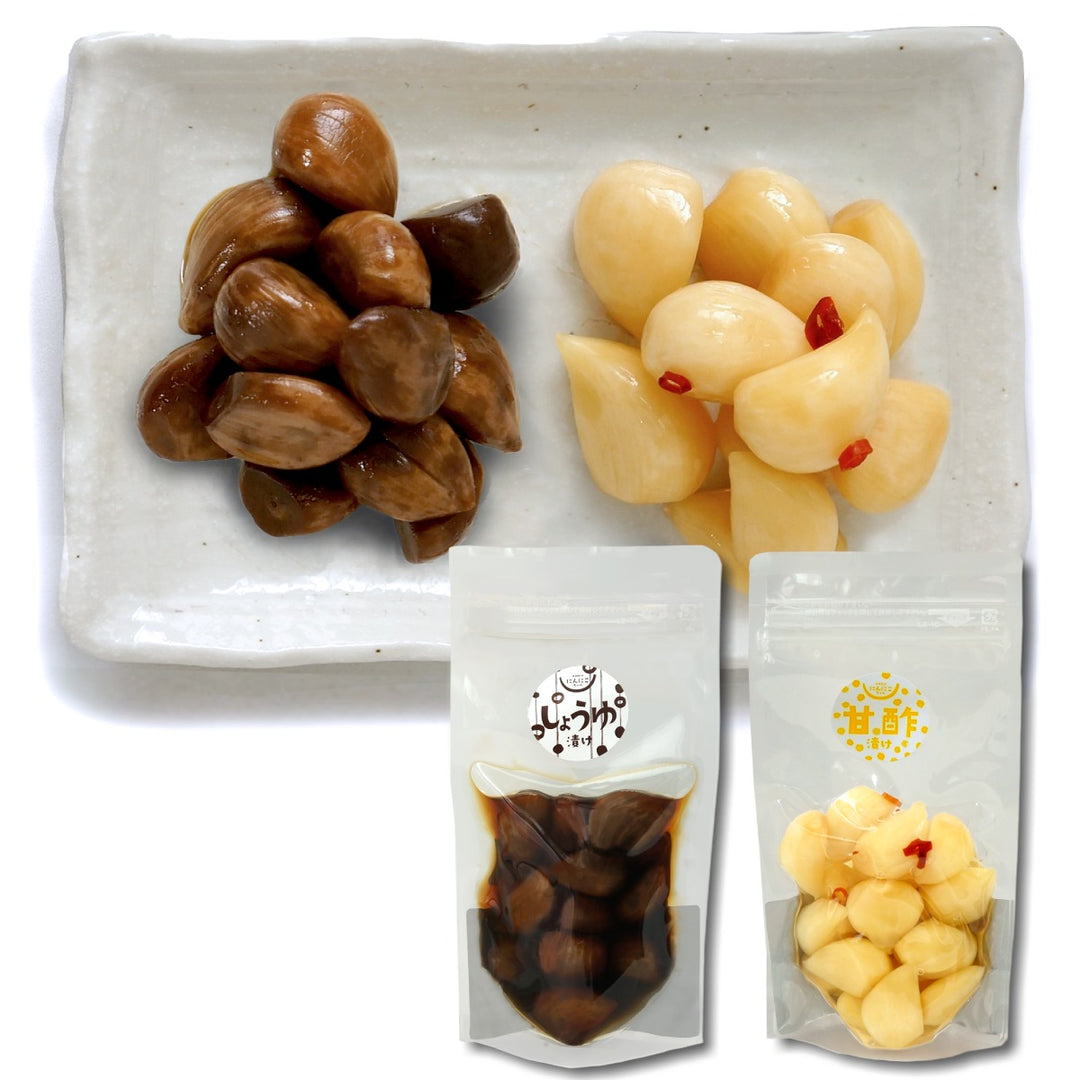 青森産 国産 にんにく漬け ( 醤油漬け & 甘酢漬け ) 各100g – 香のもの