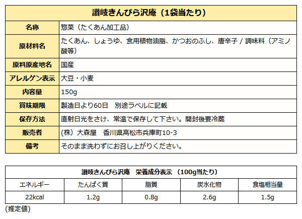大森屋 讃岐きんぴら沢庵 150g袋入り たくあん