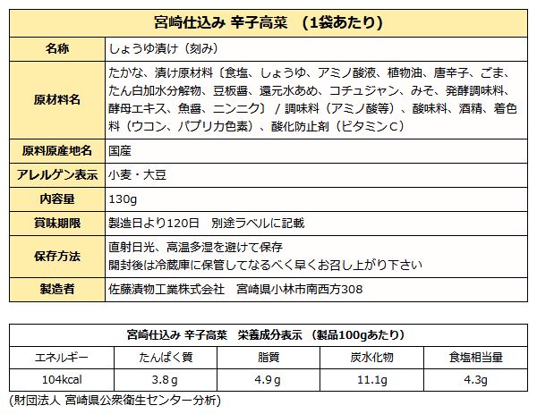 国産原料使用 宮崎仕込み 辛子高菜 130g 袋入り