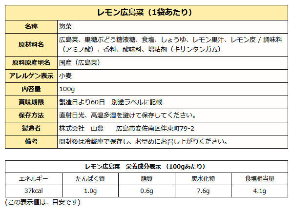 レモン広島菜 ( 国産刻み漬物 ) 100ｇ袋入り