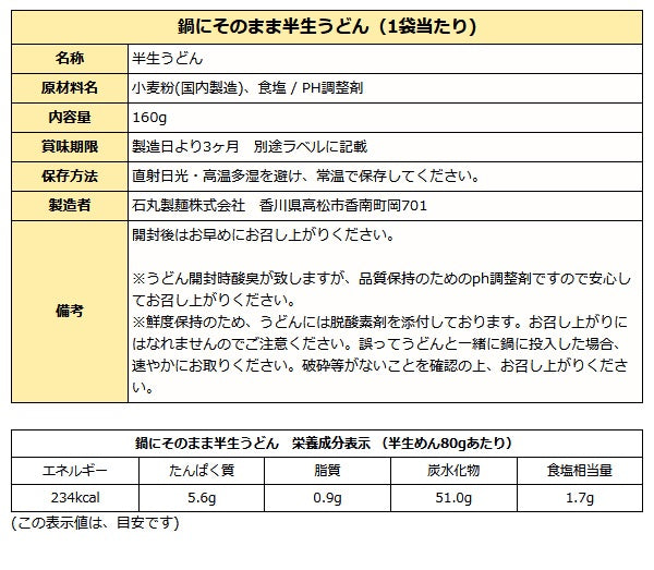 石丸製麺 鍋にそのまま半生うどん 2人前 袋入り